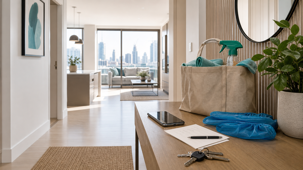 Clean London apartment entryway prepared for a cleaner booking with keys and supplies